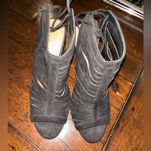 3” black heeled strappy booties